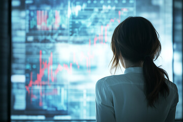 A professional businesswoman in a white shirt analyzes complex financial data on a transparent digital screen.