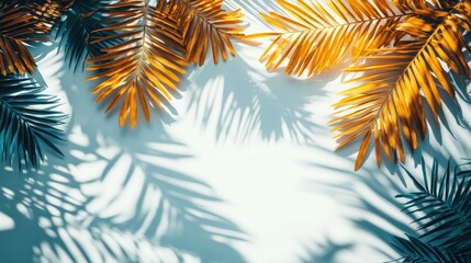 Colorful palm leaves casting vibrant shadows on a bright background creating a fresh summer ambiance with ample copy space for design work