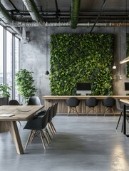 Fototapeta premium Eco style interior design in modern open space office with grey tables and chairs, wooden decor wall and concrete floor. 3D rendering