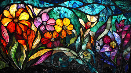Vibrant Floral Stained Glass Mosaic Art