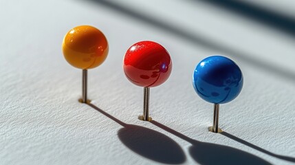 Close up of colored push pins with one toppled pin on a white background highlighting dramatic shadows and ample copy space for design use