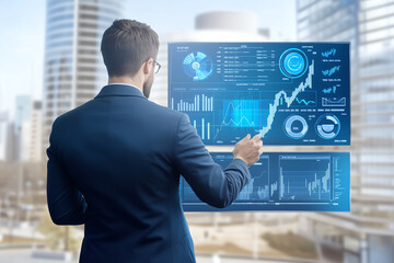 Obraz premium A business professional in a blue shirt analyzes complex financial data on a transparent digital screen in a modern cityscape.