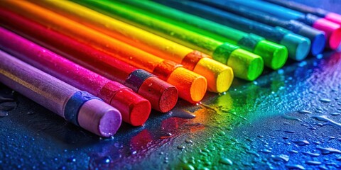 Obraz premium A row of colorful crayons lay on a wet surface, reflecting vibrant hues and reflecting the beauty of a spectrum of color