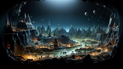 Alien planet cave city at night with glowing lights and people.