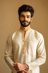 A male model in a relaxed kurta-pajama with a simple, modern design, against a solid sandy beige background, highlighting a casual yet refined look.