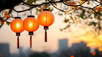 Temple rooftop adorned with papercut lanterns and watercolor brush designs for lunar new year