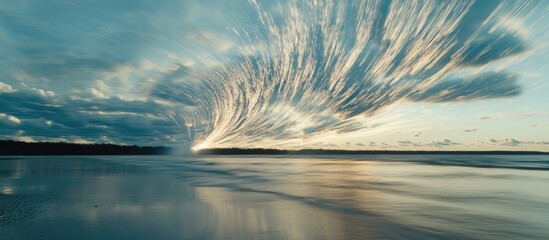 Dynamic long exposure of dramatic cloud patterns over a serene beach at sunset reflecting vibrant colors in the evening sky