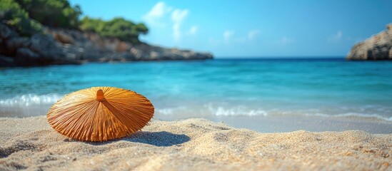 Close up of a straw beach umbrella on sandy shore with clear turquoise water and blue sky creating a tranquil seaside atmosphere