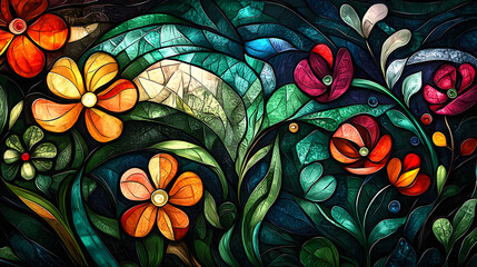 Vibrant Floral Mosaic Art Nouveau Style Flower Artwork