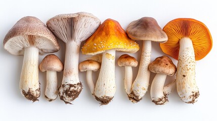 Five varieties of edible mushrooms arranged on a white background showcasing their unique shapes and colors with soft shadow effects