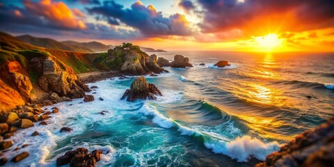 Fototapeta premium Coastal Sunset Over Waves and Rocky Shoreline, Capturing the Serene Beauty of Nature's Colors in a Tilt-Shift Perspective, Invoking a Dreamlike Atmosphere and Tranquility