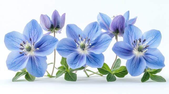 Blue columbine flowers arranged artistically on a light white background showcasing their delicate petals and vibrant colors