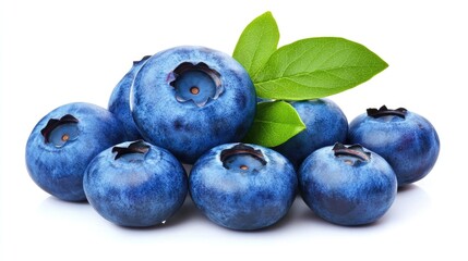 Fresh Blueberries with Green Leaves on White Background Healthy Berries for Nutrition and Lifestyle Choices Flat Lay Arrangement
