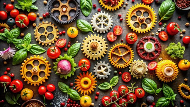 Collaborative Food Network: A Visual Representation of Gears in Motion, Depicting the Interconnected Nature of Community and Teamwork through Culinary Artistry and Innovation
