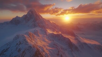 A breathtaking mountain landscape at sunrise, showcasing nature's beauty.