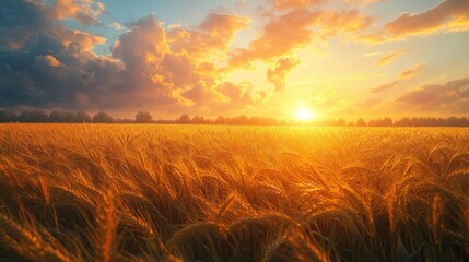 Obraz premium Golden cornfield at sunrise with vibrant sky showcasing tranquil countryside morning beauty