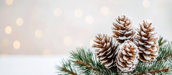 Festive holiday background with frosted pinecones and evergreen branches against a soft bokeh light backdrop perfect for seasonal greetings.