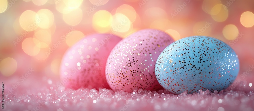 Poster pastel easter eggs with glitter in soft focus surrounded by sparkling bokeh background creating a fe