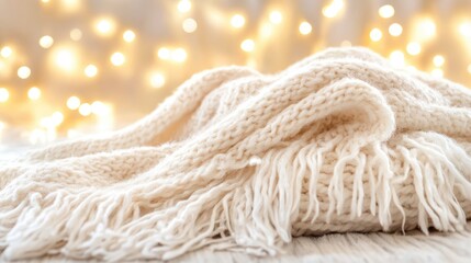 Cozy winter blanket on soft surface with warm bokeh lights creating a festive atmosphere for Christmas and New Year celebrations