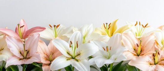 Obraz premium Assorted vibrant lilies in soft pastel shades arranged elegantly on a clean white background perfect for floral decor or design projects