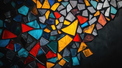 An evocative scene of vibrant abstract shards forming a unified, radiant mosaic on a dark backdrop, Representing the creative integration and synergy of various perspectives into a cohesive whole