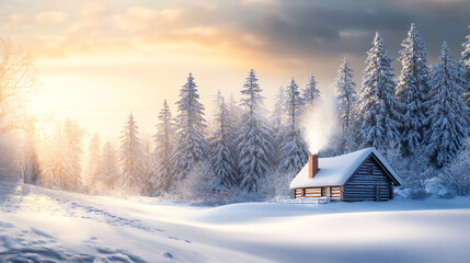 Naklejka premium A serene winter landscape featuring a cozy cabin amidst snow-covered trees.