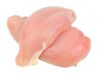 Two fresh raw prepared skinless chicken meat breasts isolated on a white background