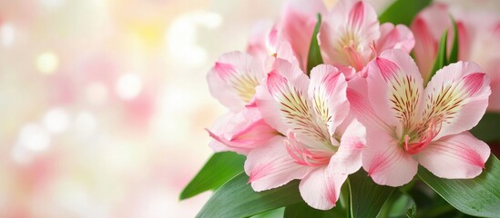 Obraz premium Elegant pink alstroemeria flowers arranged with lush green leaves on a softly blurred background creating a serene floral composition.