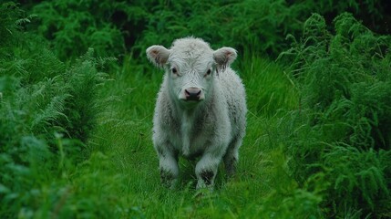 Obraz premium White calf exploring lush green grass field on a rural farm surrounded by verdant foliage and a peaceful countryside atmosphere