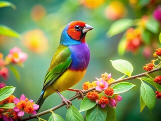 Fototapeta premium Colorful Finch Bird Perched on a Branch Amidst Lush Greenery and Vibrant Flowers in Its Natural Habitat, Captured in a Stunning Long Exposure Setting