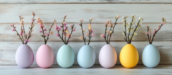 Easter greeting card design with pastel colored eggs and blossoms on a wooden background inviting personalization and festive celebration