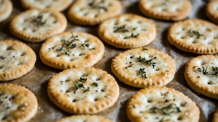 Cheese biscuits arranged neatly on a textured surface highlighting their golden color and herb toppings