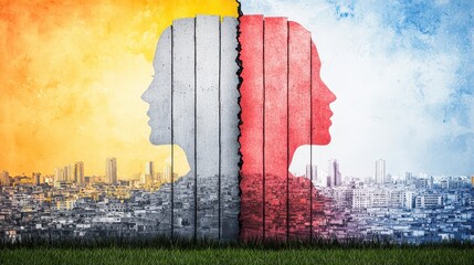 Contrasting cityscape: vibrant prosperity on one side, stark poverty on the other, revealing urban disparities and divisions. 