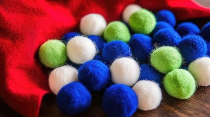 Colorful felt wool balls in blue white and green scattered on a red fabric background for crafting and decoration ideas.
