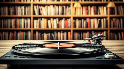 Vintage vinyl spinning on modern turntable in cozy ambiance, surrounded by books, embodying love for music and relaxation. 