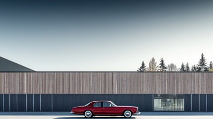 Classic red car outside modern building, bathed in soft sunlight, sets a vibrant scene under clear skies. 
