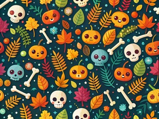 Fototapeta premium Colorful Halloween Pattern with Bones for Autumn Holiday Decor, Wrapping Paper, and Textile Designs in a Fun and Whimsical Style Perfect for Festive Celebrations and Crafts