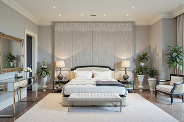 A modern bedroom with gray walls and velvety cream carpets - Generative AI