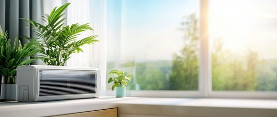 Fototapeta premium Air conditioner close-up on white wall in modern home interior