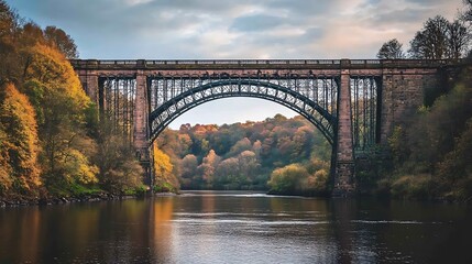Fototapeta premium Iron bridge spanning autumnal river valley.