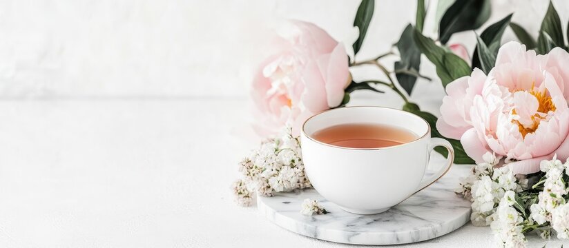 Minimalist styled desk with pink peonies and herbal tea on marble plate showcasing morning lifestyle and serene ambiance for bloggers and creators