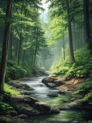 Obraz premium Forest scene with river and many trees illustration