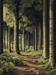 Obraz premium Forest scene with many trees illustration