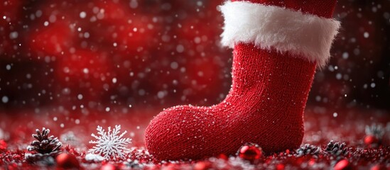 Red Christmas stocking on a festive snowy background adorned with ornaments and pinecones creating a joyful holiday atmosphere