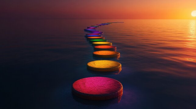 An illuminated path with different colored stepping stones leading towards a bright horizon, Symbolizing the journey towards inclusivity and the various paths people take, minimalist style