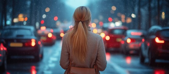 Obraz premium Female pedestrian waiting for rideshare sharing GPS location on her cellphone urban setting at night with blurred cars in the background