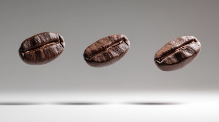 Coffee beans floating above a soft backdrop showcasing their texture and color as an essential ingredient for aromatic beverages