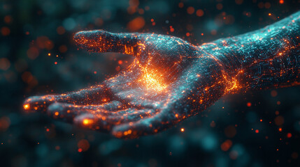 human hand reaching out toward vibrant digital streams of data symbolizing connectivity innovation and the merging of technology with human interaction in the digital age emphasizing interconnection