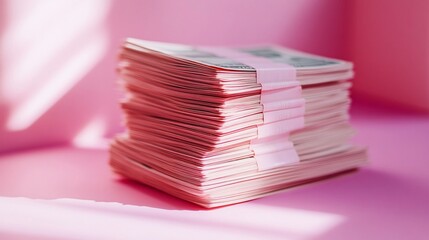 112.A detailed 3D stack of cash, neatly bundled and placed on a pink surface. The moneyâ€™s surface is highly detailed, with reflective edges and visible paper texture, conveying the concept of wealth