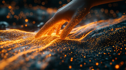 human hand reaching out toward vibrant digital streams of data symbolizing connectivity innovation and the merging of technology with human interaction in the digital age emphasizing interconnection